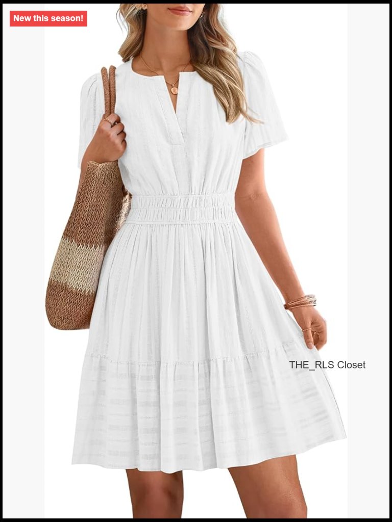 Casual Mini Dress With Pockets Lightweight Short Sleeve V Neck Elastic Waist